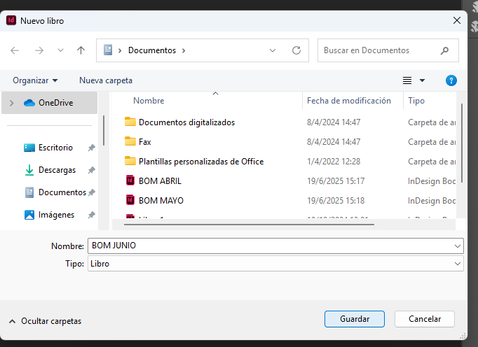 Ventana de nuevo libro en InDesign